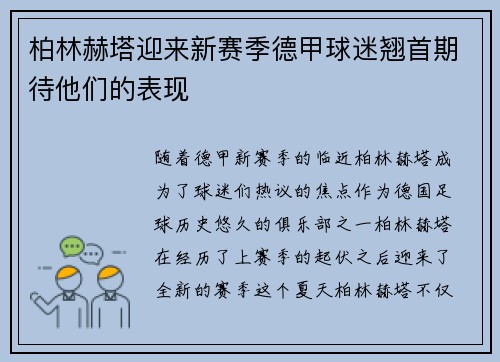 柏林赫塔迎来新赛季德甲球迷翘首期待他们的表现